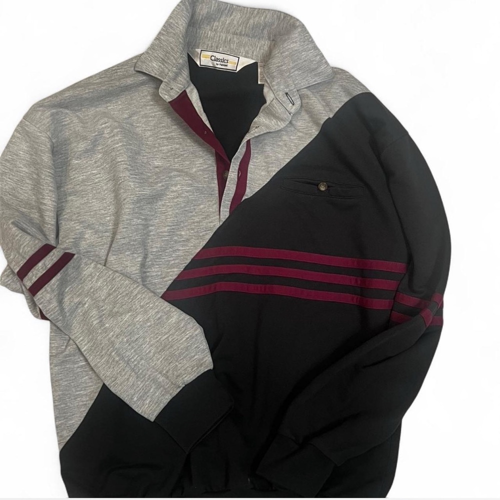 Classic Men's Gray and Black Polo with Maroon Stripes #vintage